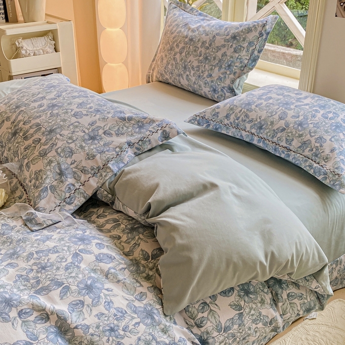 91家纺网 家纺一手货源 找家纺 宜家坊 2024秋冬新款全棉超柔加厚生态磨毛四件套 轻轻丝语-蓝