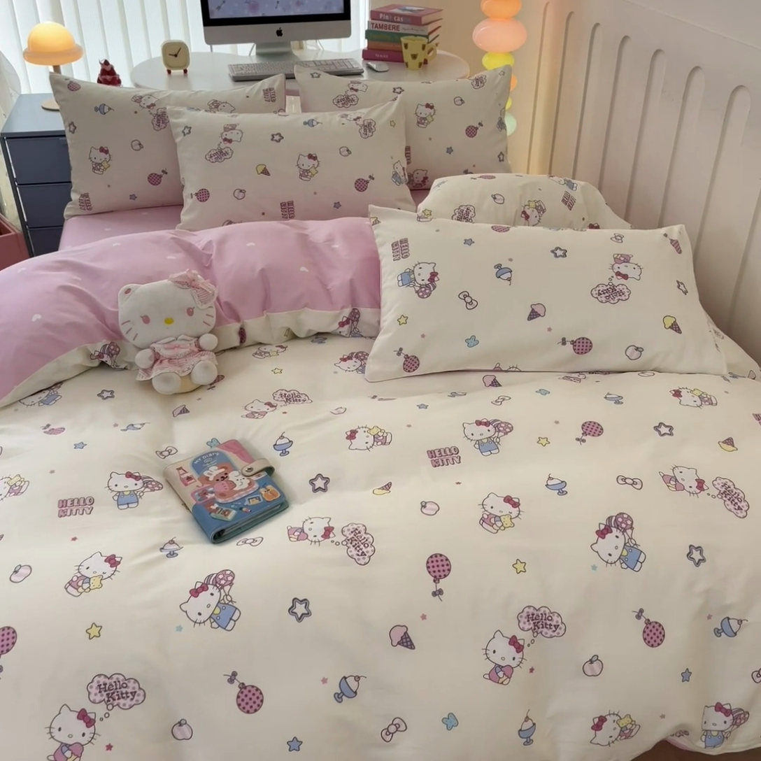 91家纺网 家纺一手货源 找家纺 曼之夏 2024新款全棉三丽鸥卡通四件套 甜筒凯蒂