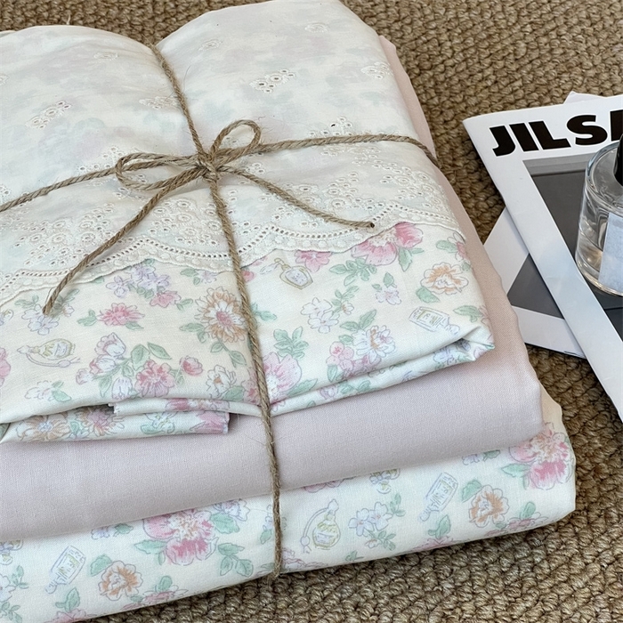 91家纺网 家纺一手货源 找家纺 2024新款全棉印花双层纱四件套--蕾丝花边款 栗馥