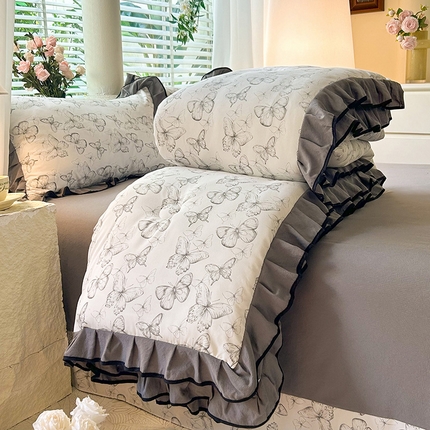 91家纺网 家纺一手货源 找家纺 韩约家纺 2025新款1针织棉皱皱纱床单款夏凉被春秋被冬被四件套 梦蝶