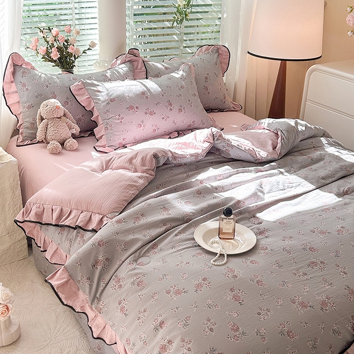 91家纺网 家纺一手货源 找家纺 韩约家纺 2025新款1针织棉皱皱纱床单款夏凉被春秋被冬被四件套 沉香