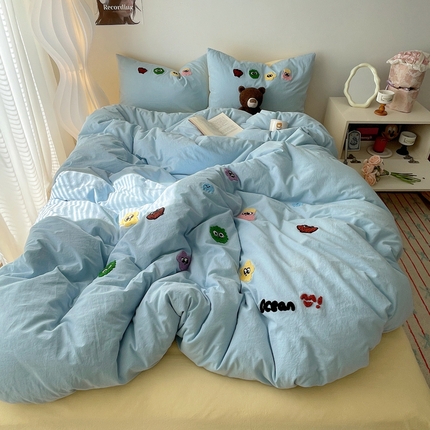 91家纺网 家纺一手货源 找家纺 红嘴企鹅 2025新款海底世界水洗棉四件套 海底世界-蓝黄