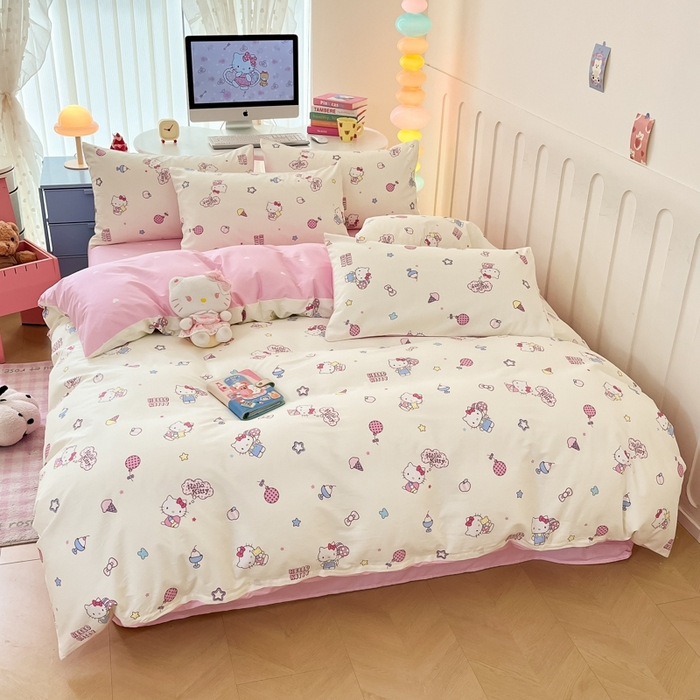 91家纺网 家纺一手货源 找家纺 曼之夏 2024新款全棉三丽鸥卡通四件套 甜筒凯蒂