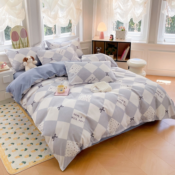 91家纺网 家纺一手货源 找家纺 世爵家纺 2025新款亲肤印花磨毛四件套 棋盘格