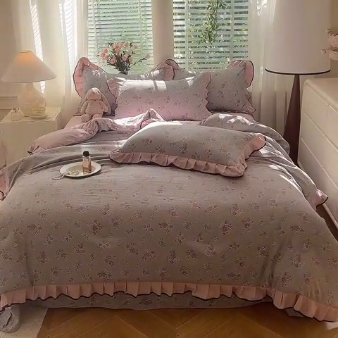 91家纺网 家纺一手货源 找家纺 韩约家纺 2025新款1针织棉皱皱纱床单款夏凉被春秋被冬被四件套 沉香