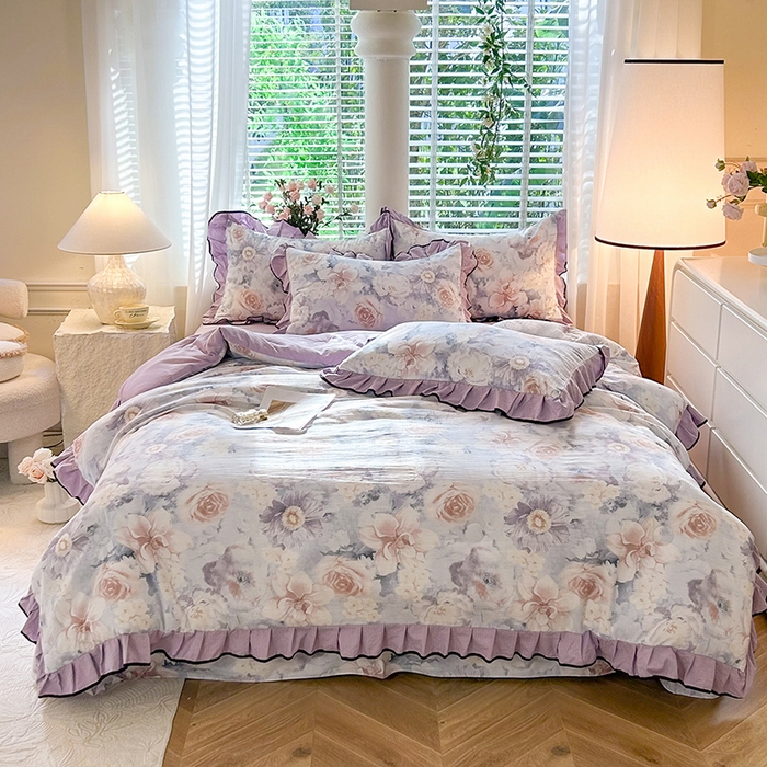 91家纺网 家纺一手货源 找家纺 韩约家纺 2025新款1针织棉皱皱纱床单款夏凉被春秋被冬被四件套 花序