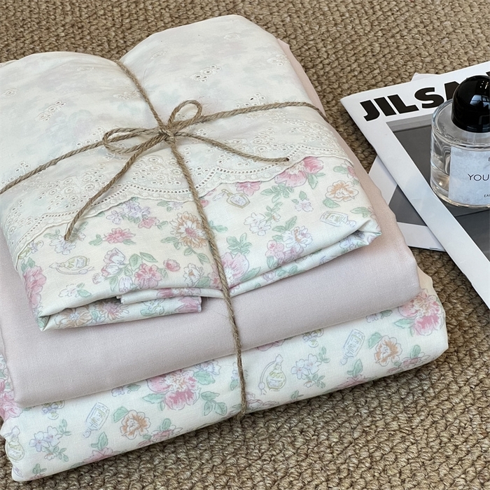 91家纺网 家纺一手货源 找家纺 2024新款全棉印花双层纱四件套--蕾丝花边款 栗馥