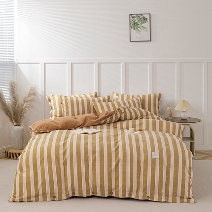 91家纺网 家纺一手货源 找家纺 睡美美家纺 2024新款加厚水洗棉四件套-条纹系列 卡其条纹