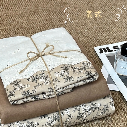 91家纺网 家纺一手货源 找家纺 （总）2024新款全棉印花双层纱四件套--蕾丝花边款