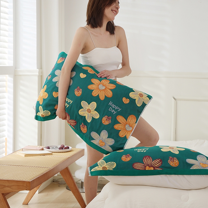 91家纺网 家纺一手货源 找家纺 朴尔家纺-毛巾被 2024新款色织定位提花纯棉四层纱布枕巾 花开忘忧-绿