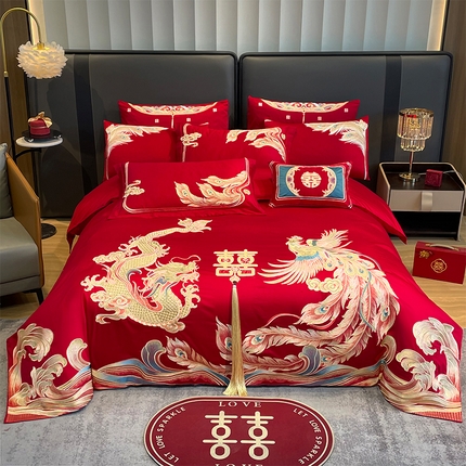 用心 2024年新款双面磨毛绣花婚庆四件套龙凤唐朝