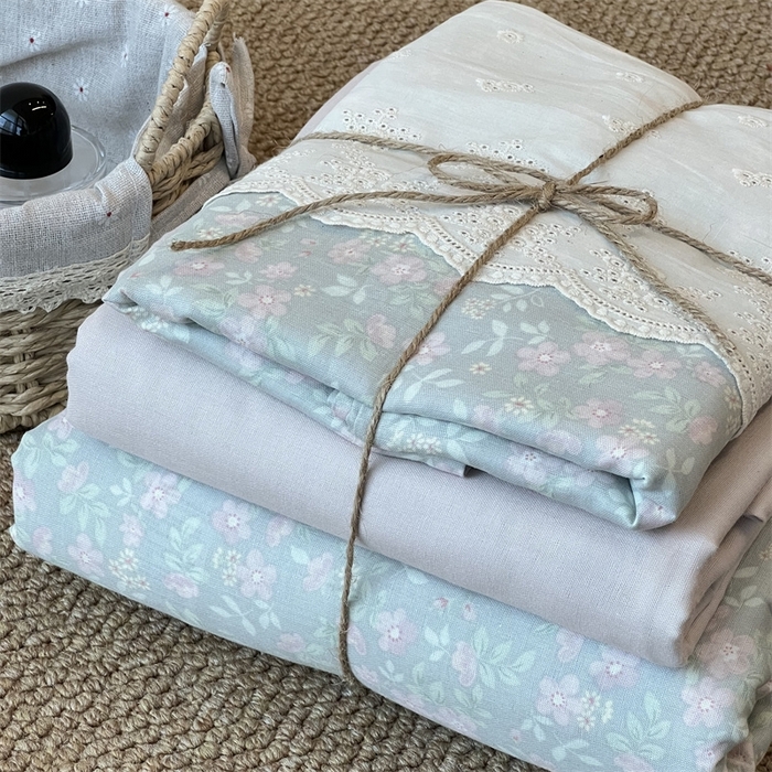 91家纺网 家纺一手货源 找家纺 2024新款全棉印花双层纱四件套--蕾丝花边款 枚栀