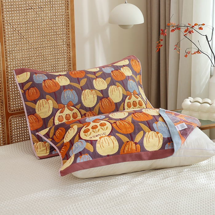 91家纺网 家纺一手货源 找家纺 朴尔家纺-毛巾被 2024新款色织定位提花纯棉四层纱布枕巾 浪漫郁金香-咖