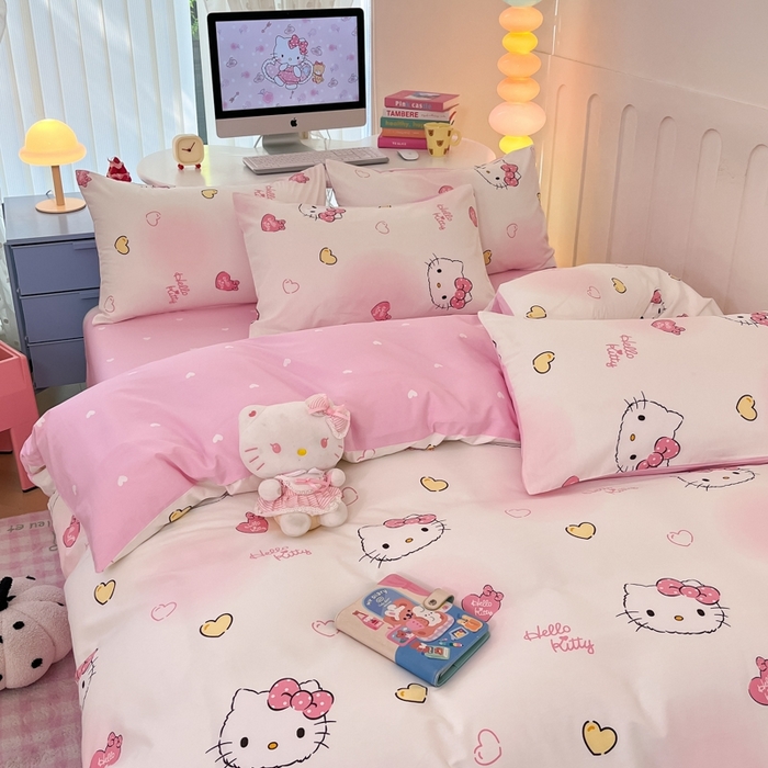 91家纺网 家纺一手货源 找家纺 曼之夏 2024新款全棉三丽鸥卡通四件套 少女凯蒂