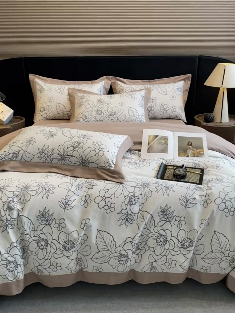 91家纺网 家纺一手货源 找家纺 慕晨 2024新款A类全棉贡缎磨毛数码印花高级宽边简奢款中高端四件套直播爆款 茉娜