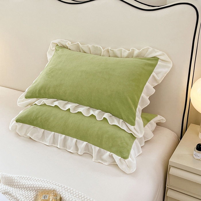 91家纺网 家纺一手货源 找家纺 梦舒羽 2025新款牛奶绒花枕套边单人宿舍法兰绒枕头套珊瑚绒枕芯套 青草绿