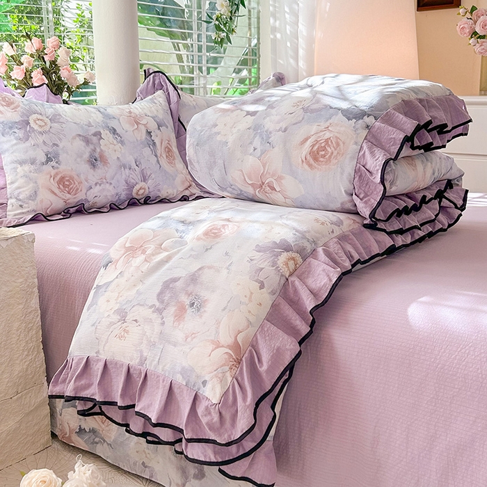 91家纺网 家纺一手货源 找家纺 韩约家纺 2025新款1针织棉皱皱纱床单款夏凉被春秋被冬被四件套 花序