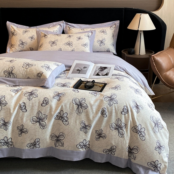 91家纺网 家纺一手货源 找家纺 慕晨 2024新款A类全棉贡缎磨毛数码印花高级宽边简奢款中高端四件套直播爆款 淡雅华花