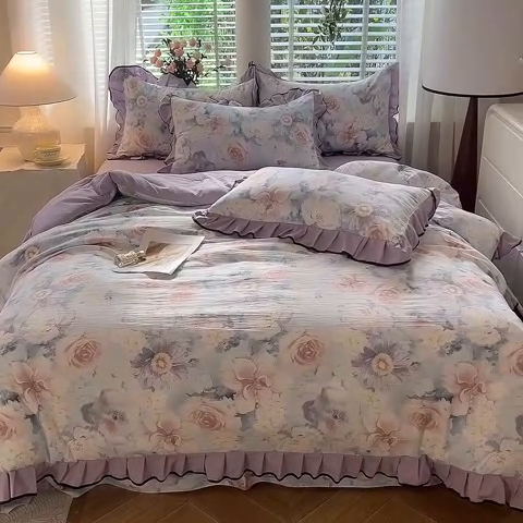 91家纺网 家纺一手货源 找家纺 韩约家纺 2025新款1针织棉皱皱纱床单款夏凉被春秋被冬被四件套 花序