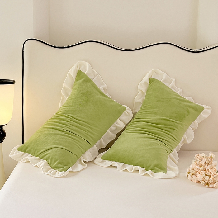 91家纺网 家纺一手货源 找家纺 梦舒羽 2025新款牛奶绒花枕套边单人宿舍法兰绒枕头套珊瑚绒枕芯套 青草绿