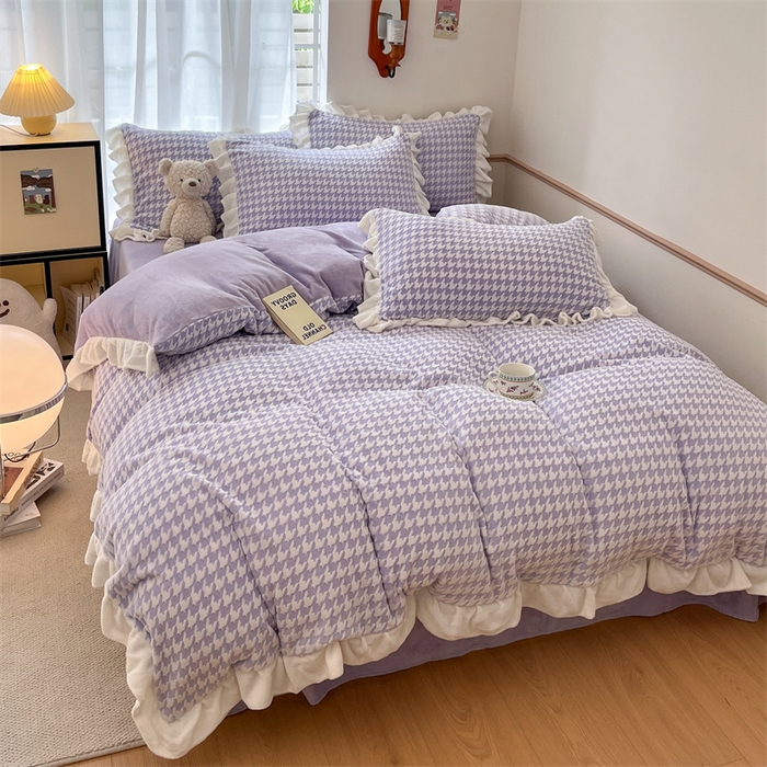 91家纺网 家纺一手货源 找家纺 星座家纺 2025新款千鸟格花边款牛奶绒四件套 千鸟格-浅紫