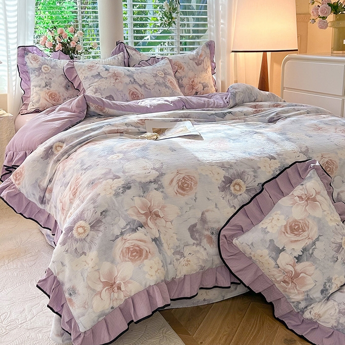 91家纺网 家纺一手货源 找家纺 韩约家纺 2025新款1针织棉皱皱纱床单款夏凉被春秋被冬被四件套 花序