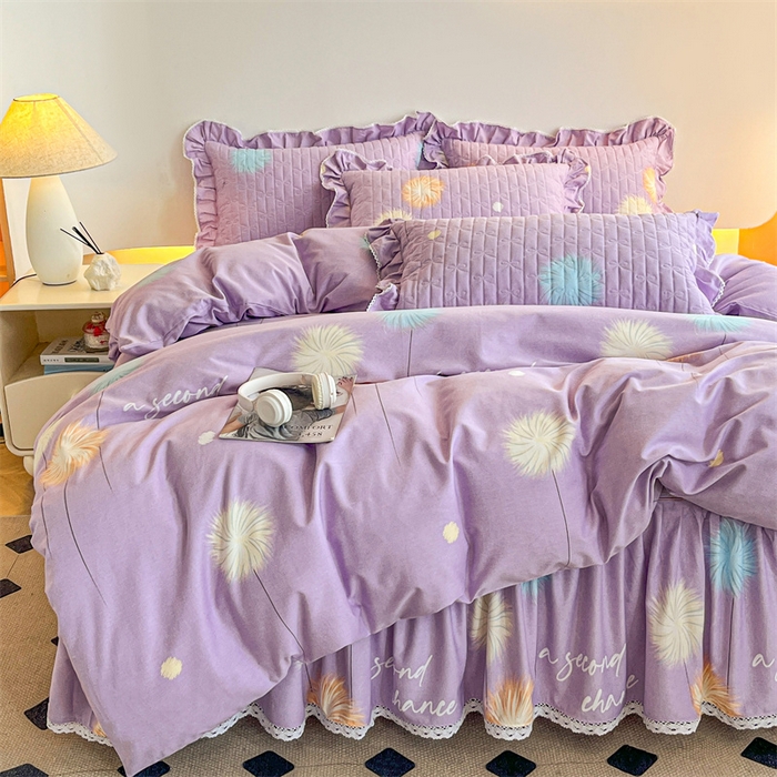91家纺网 家纺一手货源 找家纺 缦彩 （支持一件定制）2024新款全棉夹棉加厚公主风磨毛床裙款四件套纯棉床罩床笠套件 绒朵-紫