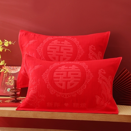 91家纺网 家纺一手货源 找家纺 （总）2024新款全棉六层纱布大红色婚庆加厚透气枕巾52*78cm一对