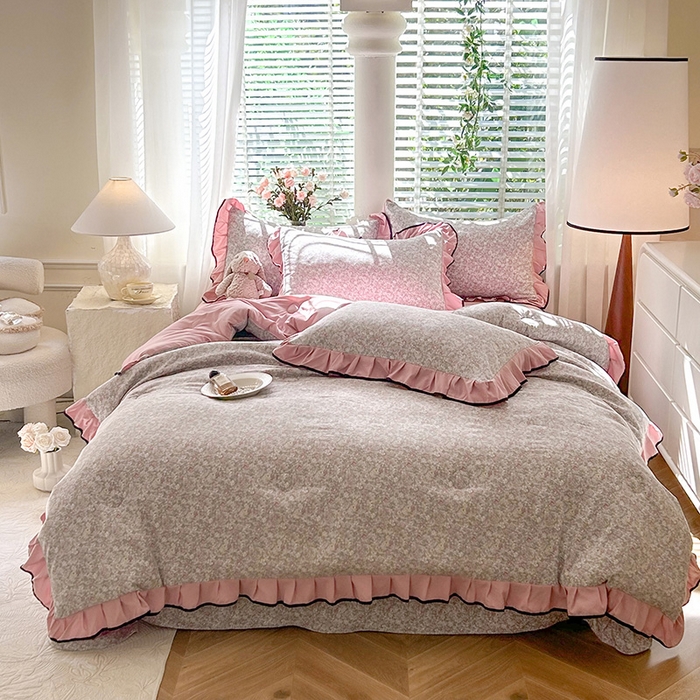 91家纺网 家纺一手货源 找家纺 韩约家纺 2025新款1针织棉皱皱纱床单款夏凉被春秋被冬被四件套 雾里花