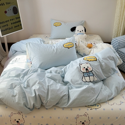 91家纺网 家纺一手货源 找家纺 柚子 2024新款全棉水洗印加绣小可爱四件套 西高地