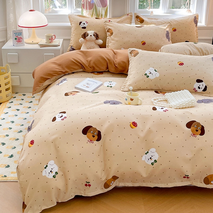 91家纺网 家纺一手货源 找家纺 世爵家纺 2025新款亲肤印花磨毛四件套 俏皮小狗