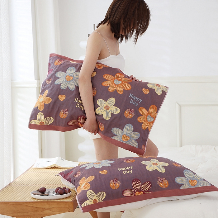 91家纺网 家纺一手货源 找家纺 朴尔家纺-毛巾被 2024新款色织定位提花纯棉四层纱布枕巾 花开忘忧-咖