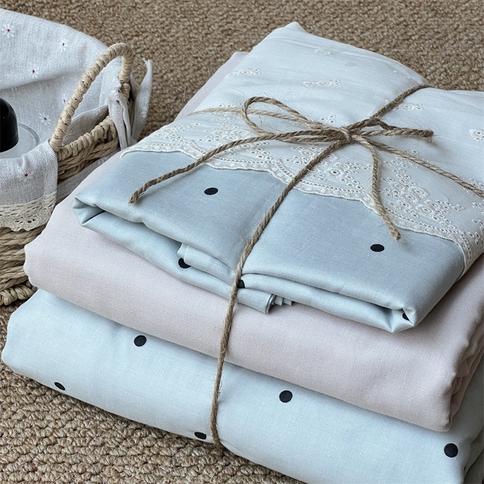 91家纺网 家纺一手货源 找家纺 2024新款全棉印花双层纱四件套--蕾丝花边款 海盐拿铁