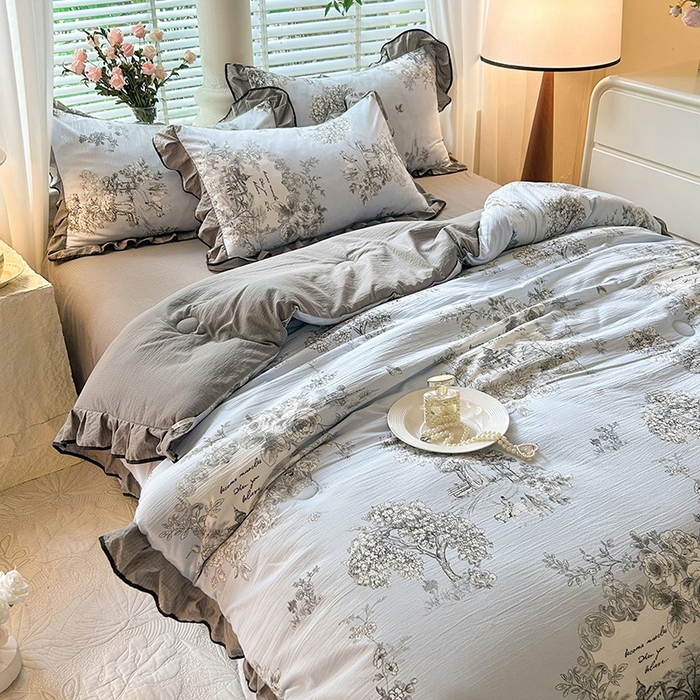 91家纺网 家纺一手货源 找家纺 韩约家纺 2025新款1针织棉皱皱纱床单款夏凉被春秋被冬被四件套 巴克庄园