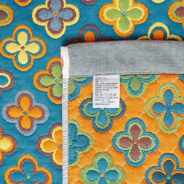 91家纺网 家纺一手货源 找家纺 朴尔家纺-毛巾被 2024新款全棉四层纱布色织提花宽边时尚枕巾系列 四叶心-蓝