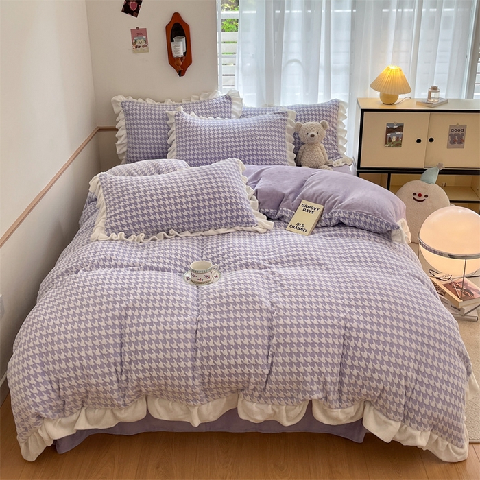 91家纺网 家纺一手货源 找家纺 星座家纺 2025新款千鸟格花边款牛奶绒四件套 千鸟格-浅紫