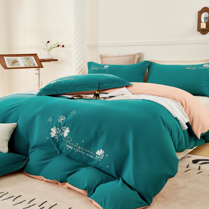 91家纺网 家纺一手货源 找家纺 U品汇 2024新品生态加厚长绒棉纯棉绣花60S全棉磨毛刺绣四件套AB版双面绣花 香芬-孔雀兰