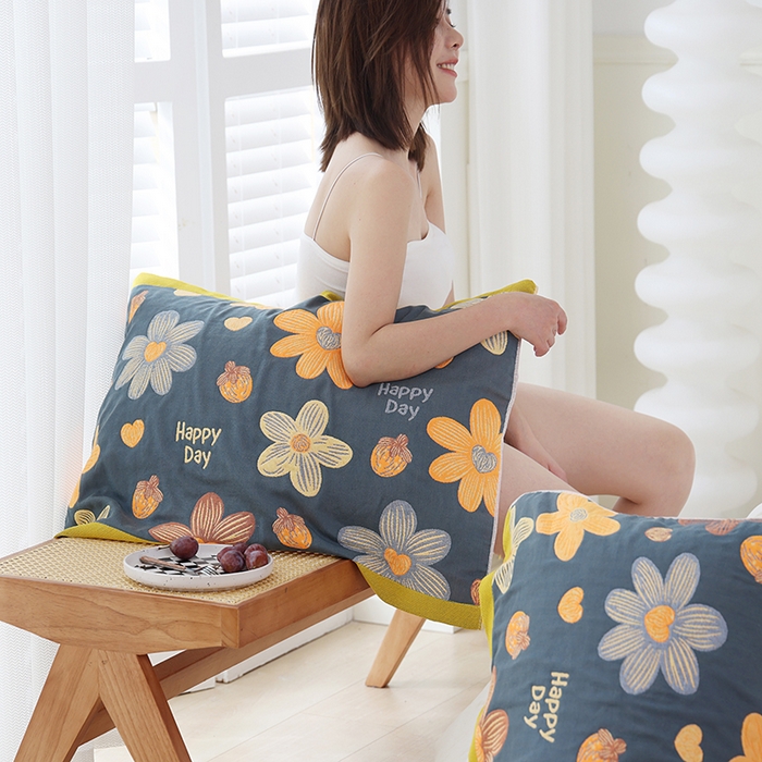 91家纺网 家纺一手货源 找家纺 朴尔家纺-毛巾被 2024新款色织定位提花纯棉四层纱布枕巾 花开忘忧-藏青