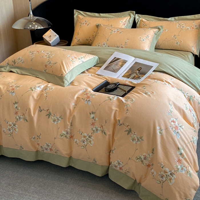 91家纺网 家纺一手货源 找家纺 慕晨 2024新款A类全棉贡缎磨毛数码印花高级宽边简奢款中高端四件套直播爆款 朵媞-桔