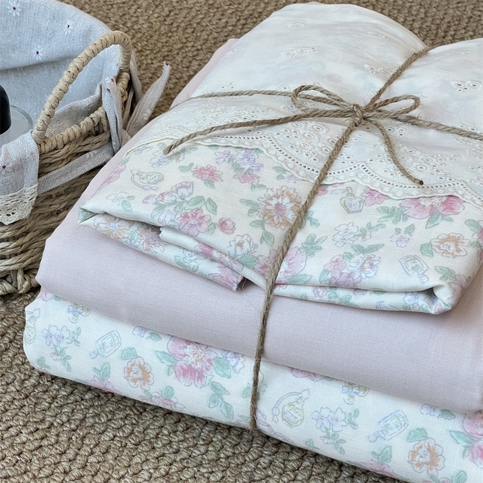 91家纺网 家纺一手货源 找家纺 2024新款全棉印花双层纱四件套--蕾丝花边款 栗馥