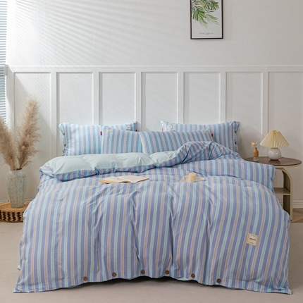91家纺网 家纺一手货源 找家纺 睡美美家纺 2024新款加厚水洗棉四件套-条纹系列 水绿宽条