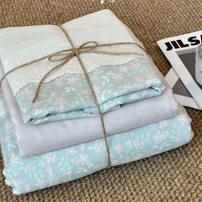 91家纺网 家纺一手货源 找家纺 2024新款全棉印花双层纱四件套--蕾丝花边款 枚栀