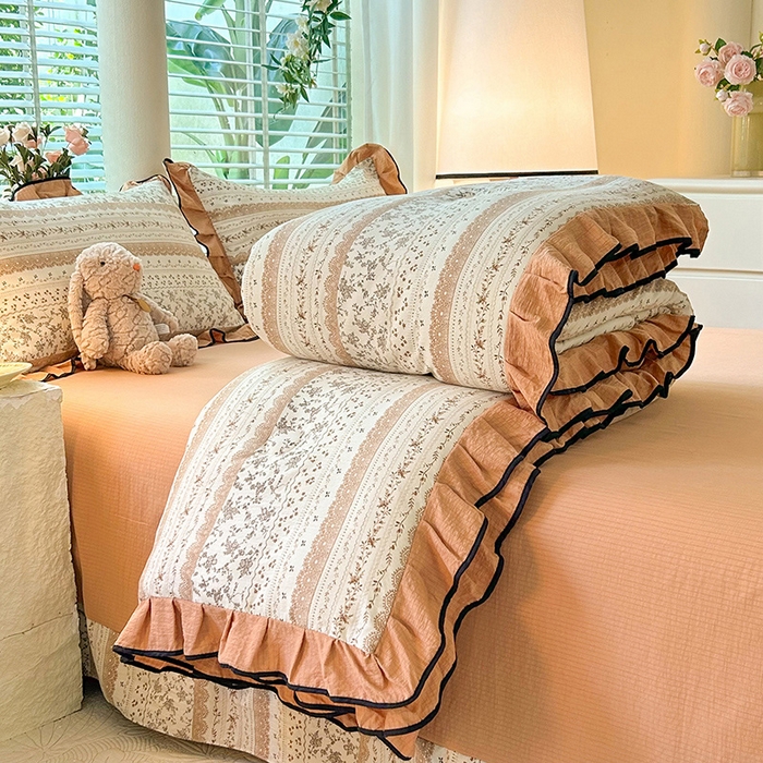 91家纺网 家纺一手货源 找家纺 韩约家纺 2025新款1针织棉皱皱纱床单款夏凉被春秋被冬被四件套 陌上花