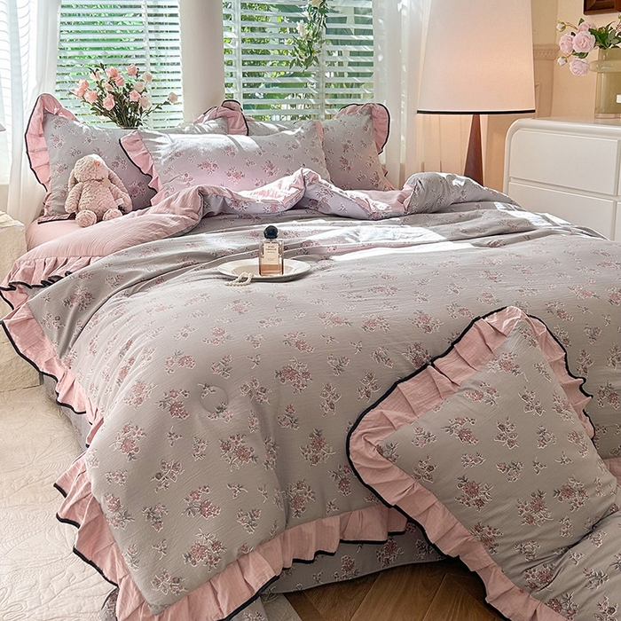 91家纺网 家纺一手货源 找家纺 韩约家纺 2025新款1针织棉皱皱纱床单款夏凉被春秋被冬被四件套 沉香