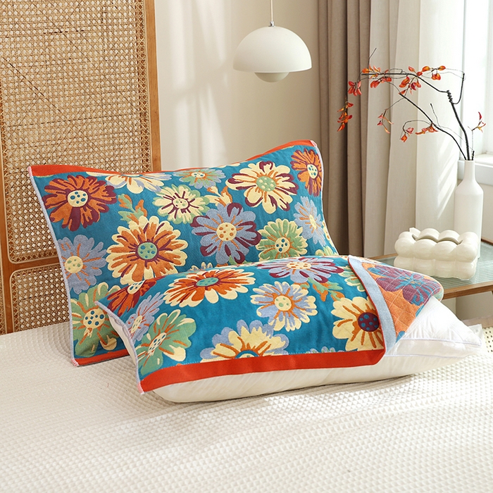 91家纺网 家纺一手货源 找家纺 朴尔家纺-毛巾被 2024新款色织定位提花纯棉四层纱布枕巾 油画花园-蓝