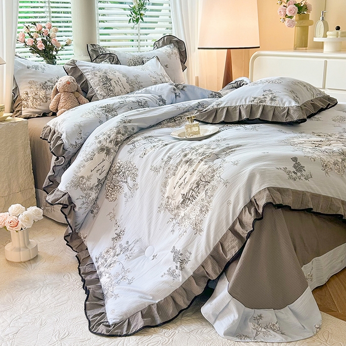 91家纺网 家纺一手货源 找家纺 韩约家纺 2025新款1针织棉皱皱纱床单款夏凉被春秋被冬被四件套 巴克庄园