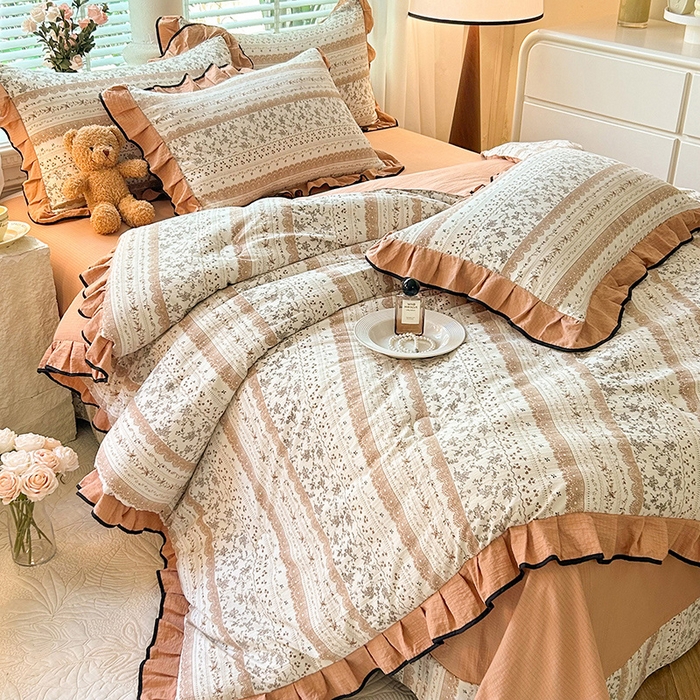 91家纺网 家纺一手货源 找家纺 韩约家纺 2025新款1针织棉皱皱纱床单款夏凉被春秋被冬被四件套 陌上花