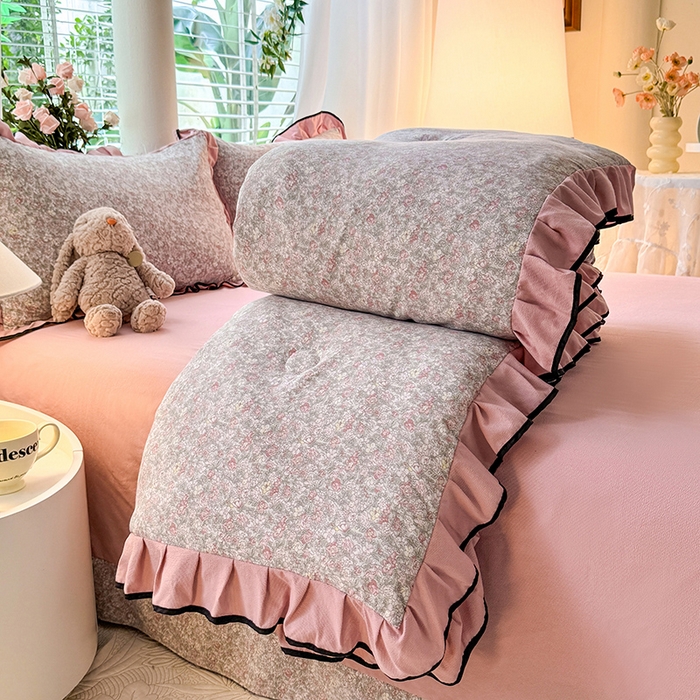 91家纺网 家纺一手货源 找家纺 韩约家纺 2025新款1针织棉皱皱纱床单款夏凉被春秋被冬被四件套 雾里花