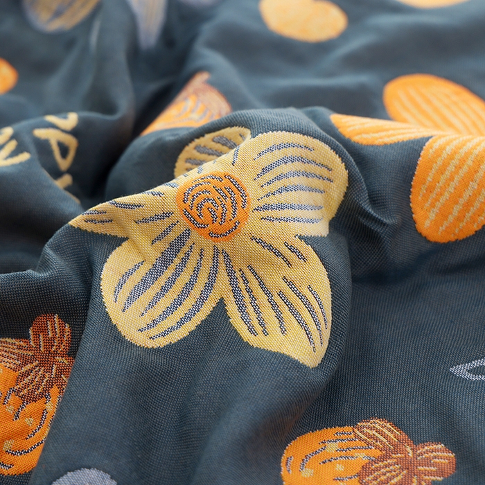 91家纺网 家纺一手货源 找家纺 朴尔家纺-毛巾被 2024新款色织定位提花纯棉四层纱布枕巾 花开忘忧-藏青