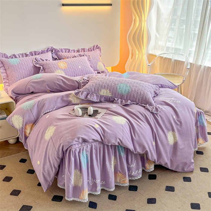 91家纺网 家纺一手货源 找家纺 缦彩 （支持一件定制）2024新款全棉夹棉加厚公主风磨毛床裙款四件套纯棉床罩床笠套件 绒朵-紫